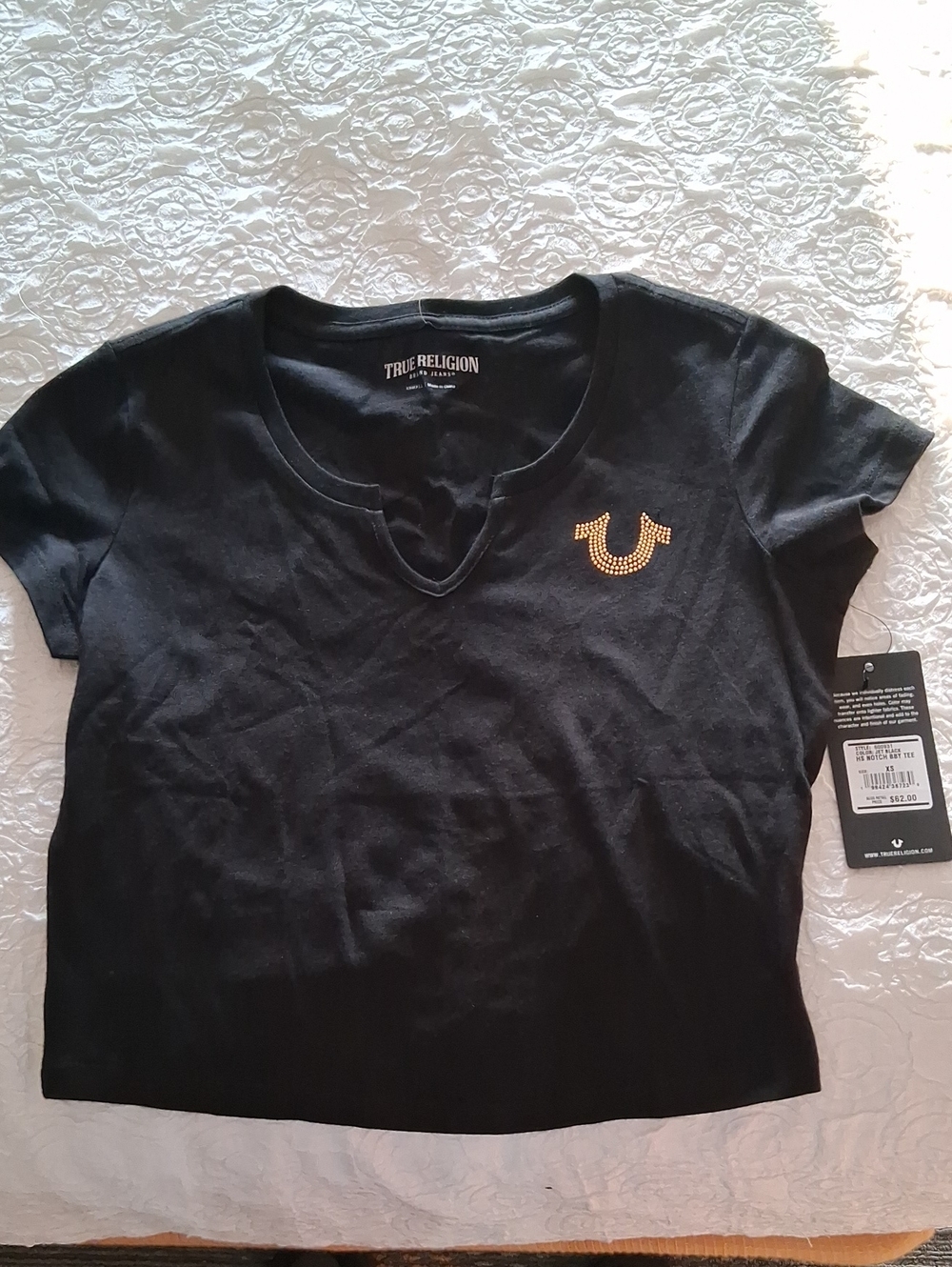 True Religion Black Crop Tee with Gold Stud Logo